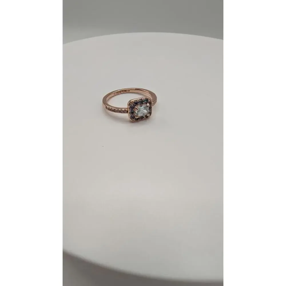 Rose Gold Plated Ring with Aquamarine and Clear Accent Stones Size 8